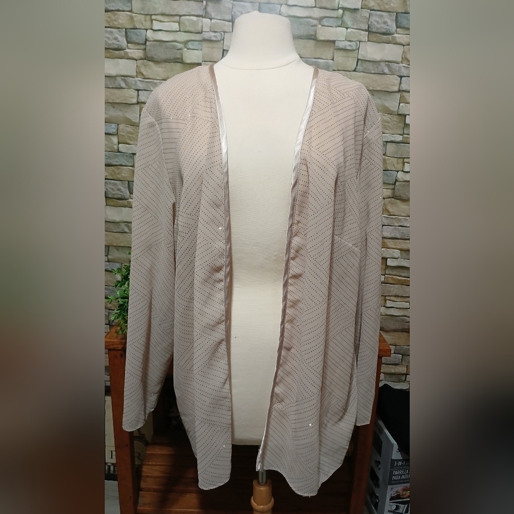 LESLIE FAY Vintage Beige Open-Front Metallic Sparkle Cardigan